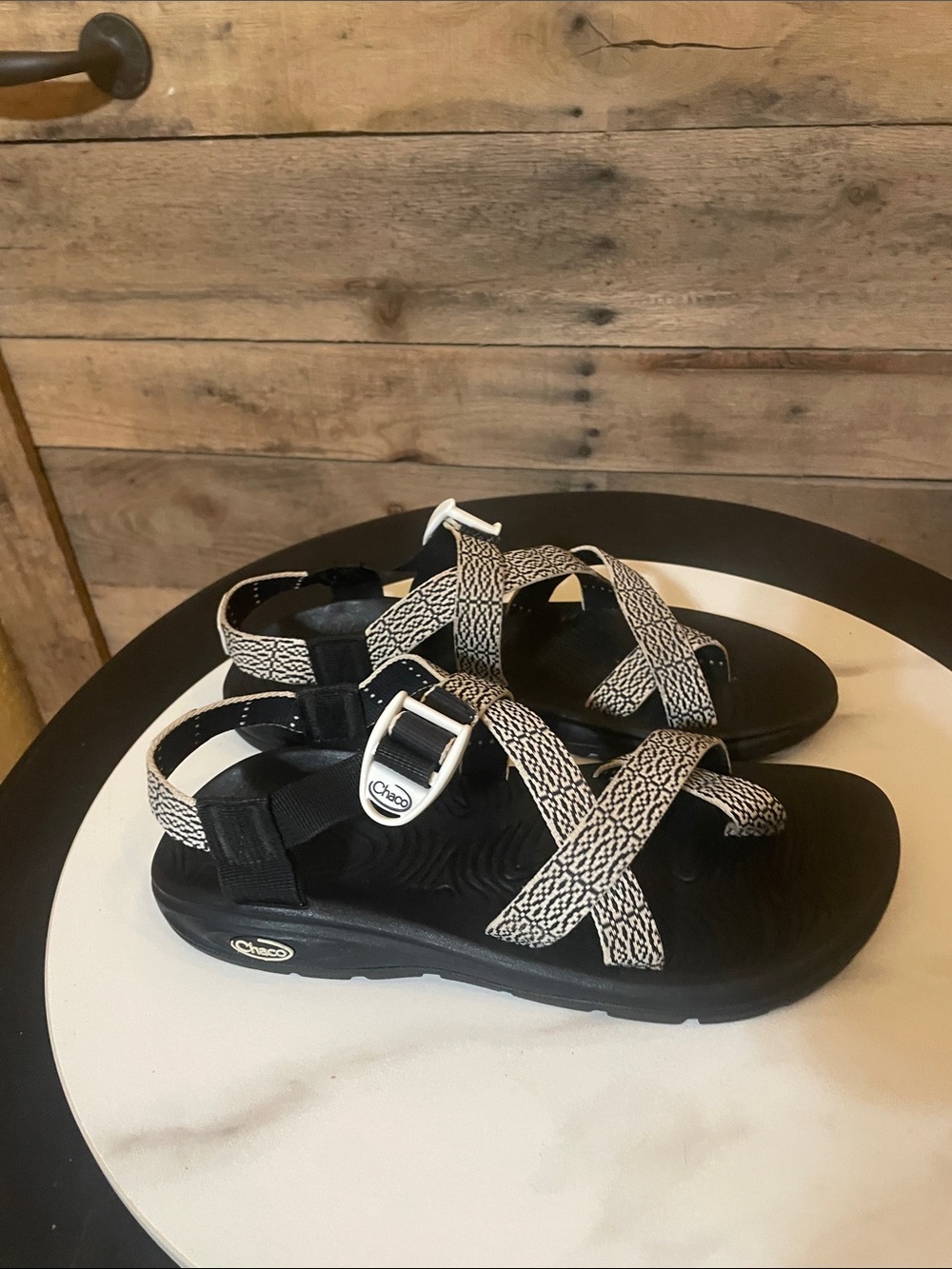 Chaco Women’s Z Volv 2 Black Sandals with Cream Patterned Straps